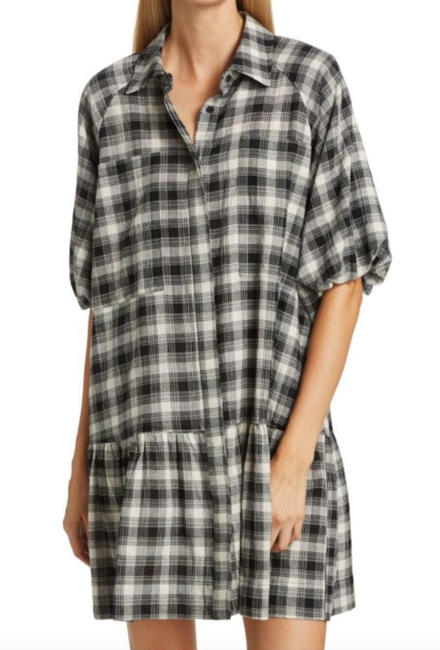 Jonathan Simkhai Crissy Plaid Mini Dress Relaxed Balloon sleeve Tiered $325 - XL